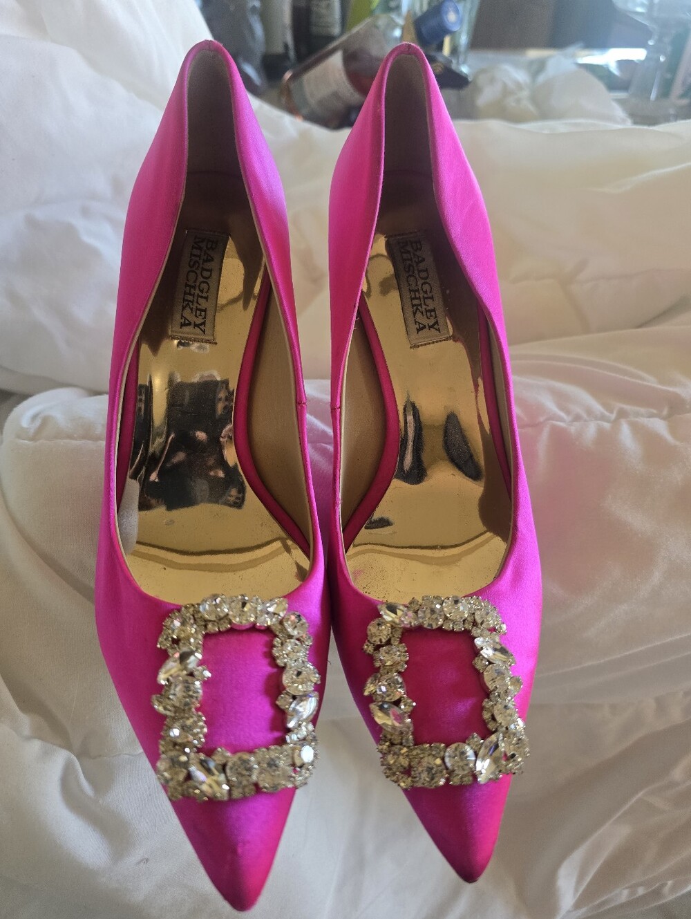 Badgley Mischka Hot Pink Satin Pointed Pumps with Crystal Buckles